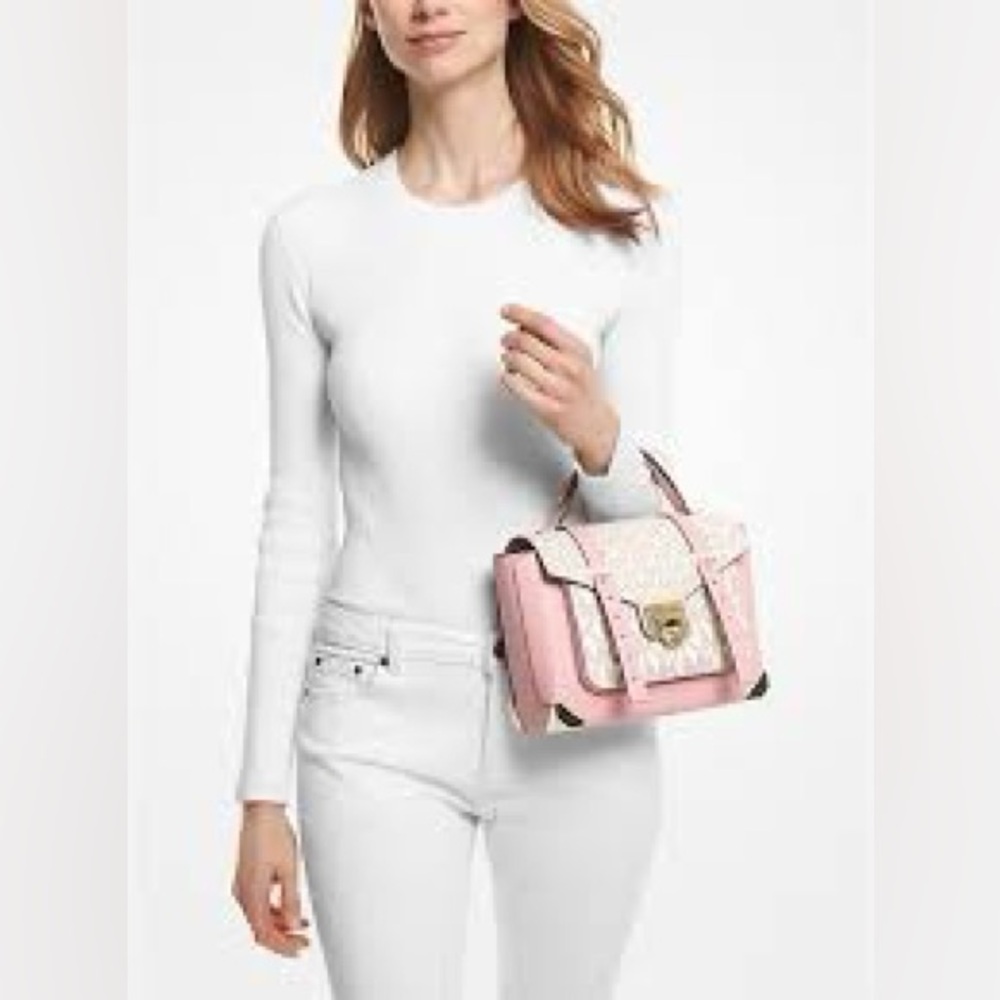 Michael Kors Manhattan Medium Leather and Logo  crossbody Powder Blush